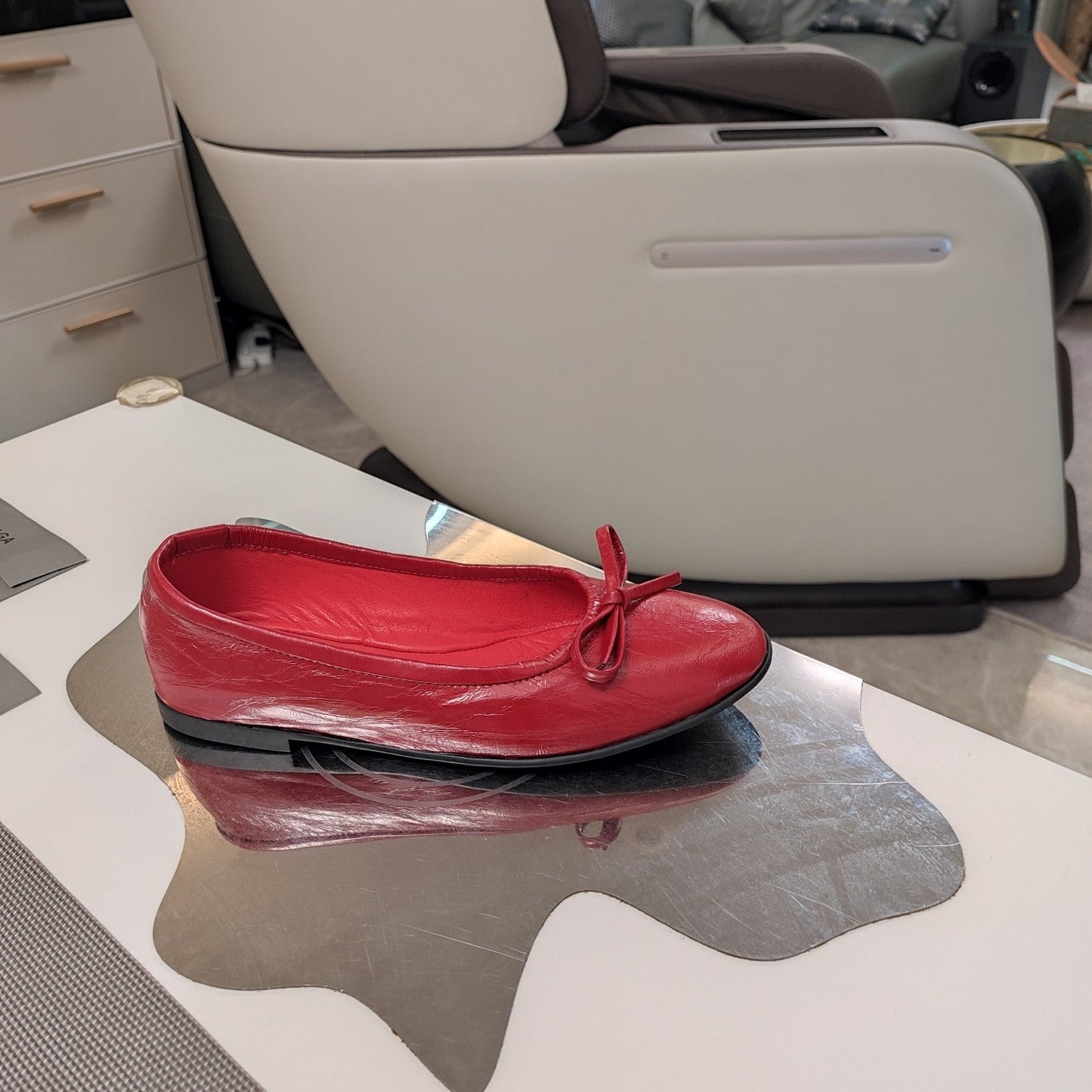 RHINESTONE BALLET FLATS WITH BOW IN RED WAX-OIL SHEEPSKIN - 34