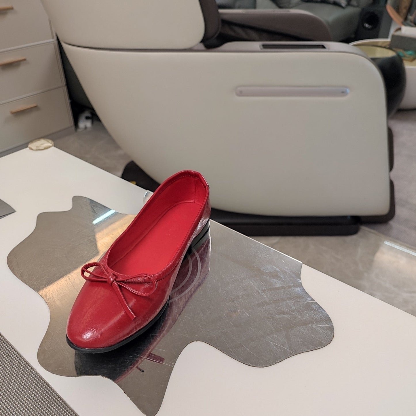 RHINESTONE BALLET FLATS WITH BOW IN RED WAX-OIL SHEEPSKIN - 34