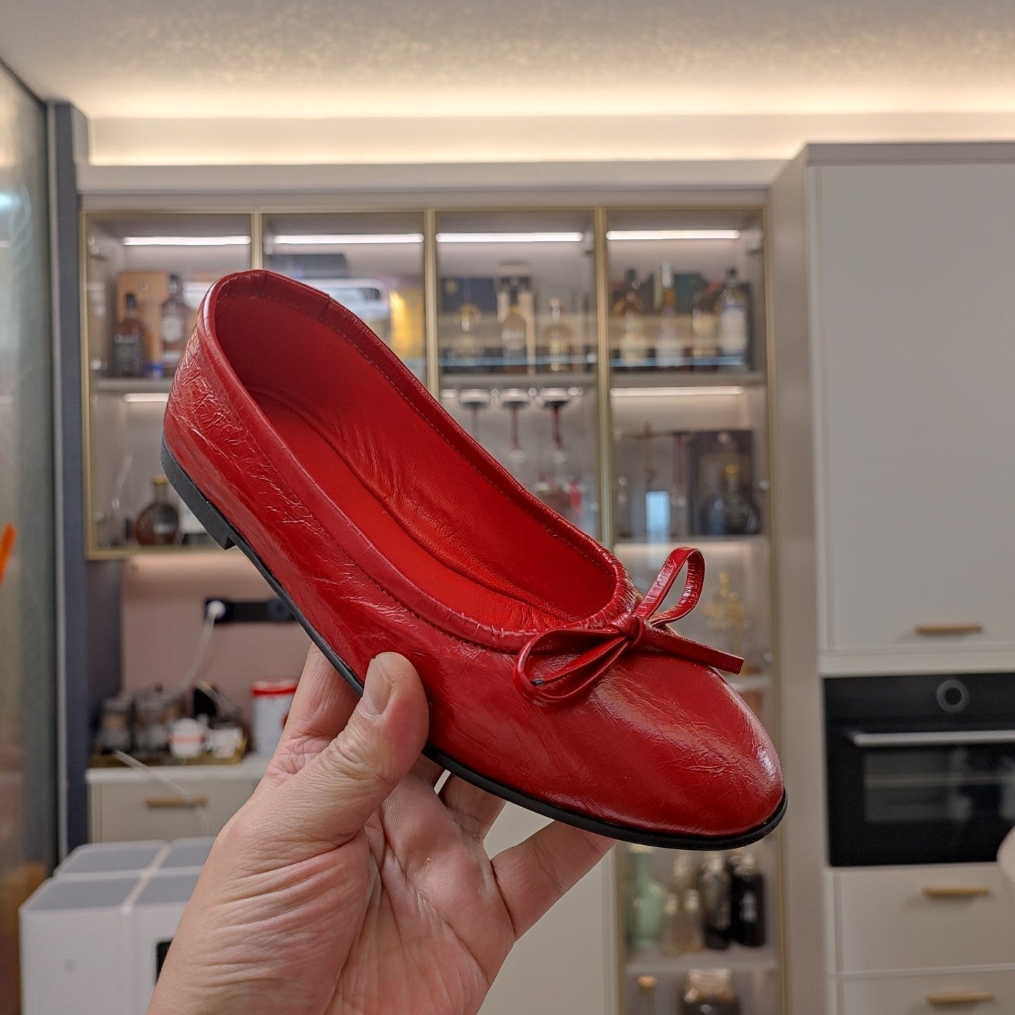 RHINESTONE BALLET FLATS WITH BOW IN RED WAX-OIL SHEEPSKIN - 34