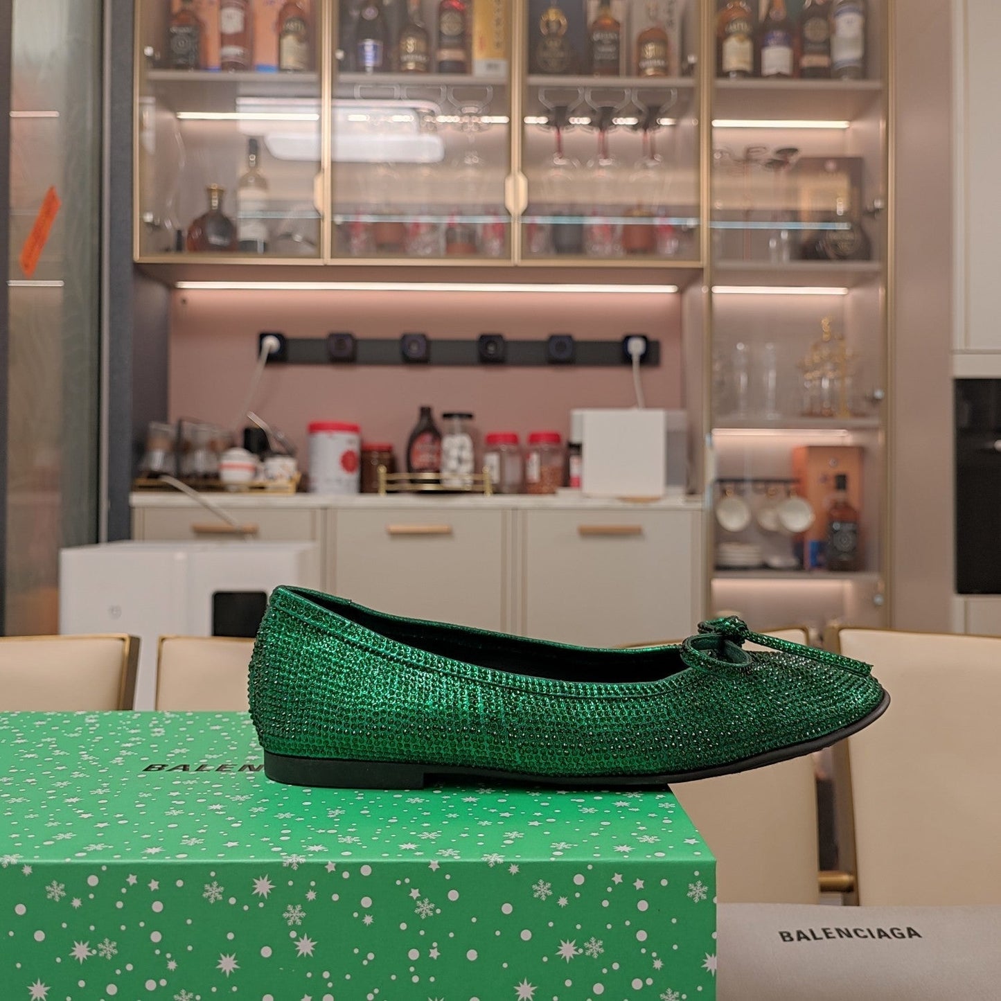 RHINESTONE BALLET FLATS WITH BOW IN FUN GREEN SHEEPSKIN - 34