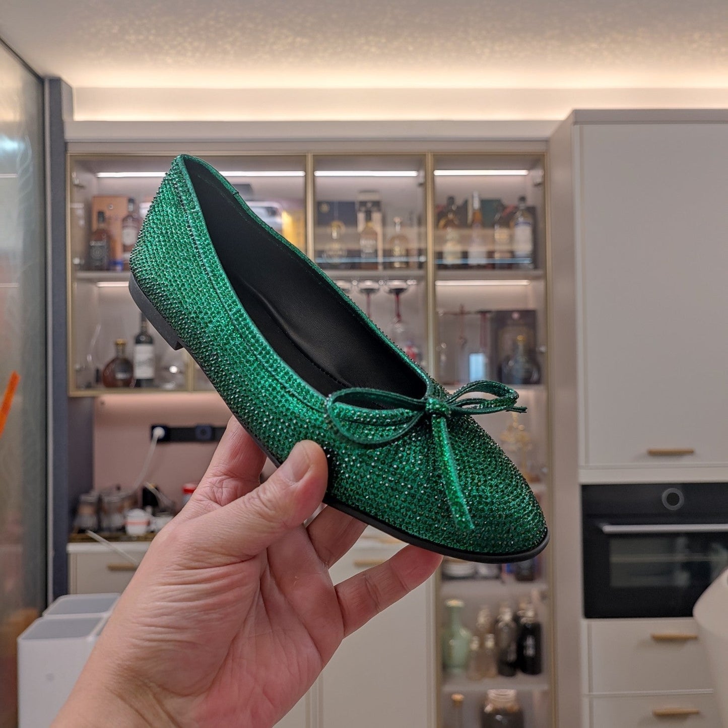 RHINESTONE BALLET FLATS WITH BOW IN FUN GREEN SHEEPSKIN - 34