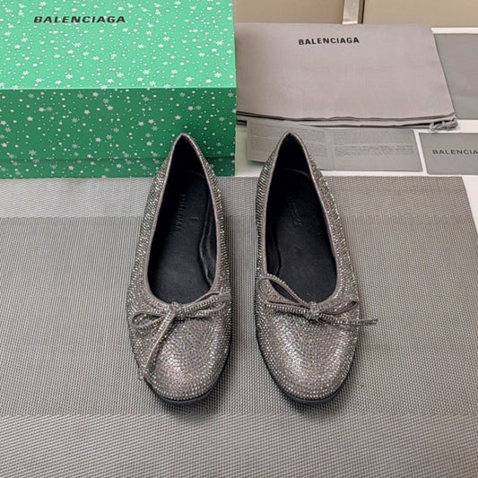 RHINESTONE BALLET FLATS WITH BOW IN GRAY SHEEPSKIN - 34