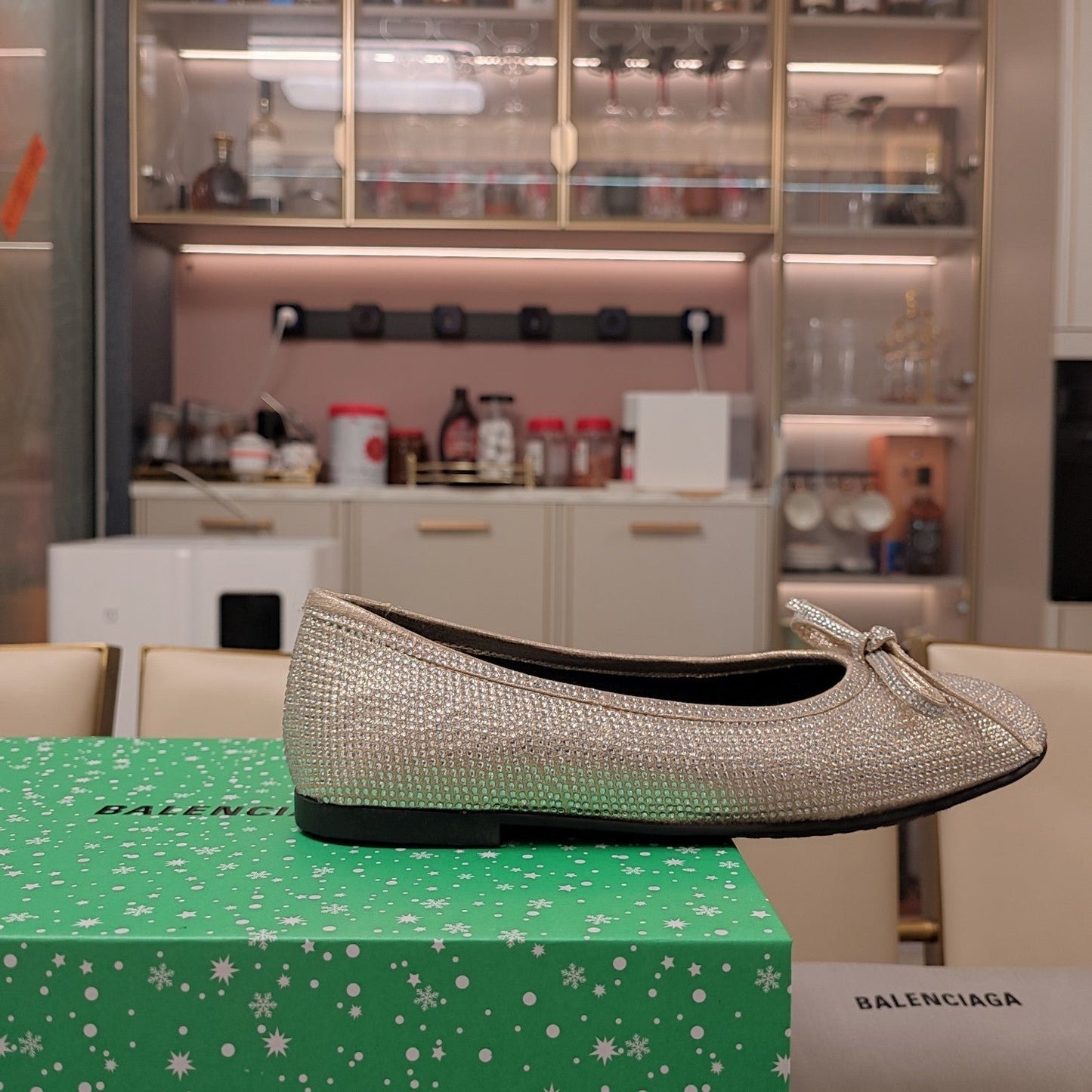 RHINESTONE BALLET FLATS WITH BOW IN BEIGE SHEEPSKIN - 34