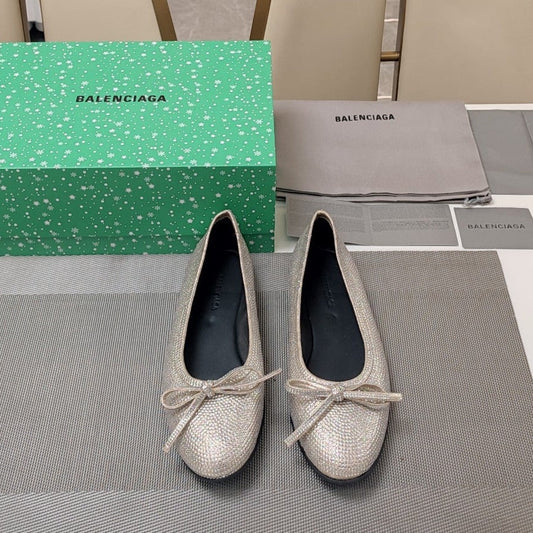 RHINESTONE BALLET FLATS WITH BOW IN BEIGE SHEEPSKIN - 34
