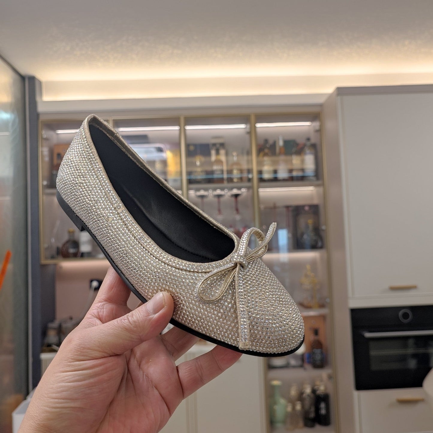 RHINESTONE BALLET FLATS WITH BOW IN BEIGE SHEEPSKIN - 34