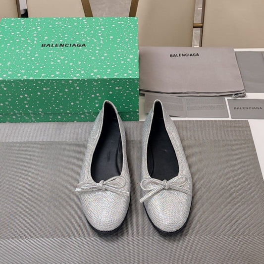 RHINESTONE BALLET FLATS WITH BOW IN METALLIC SILVER SHEEPSKIN - 34