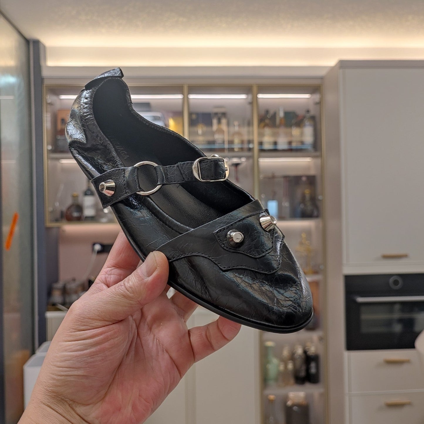 STUDDED MARY JANE FLATS IN BLACK SHINY LAMBSKIN - 34