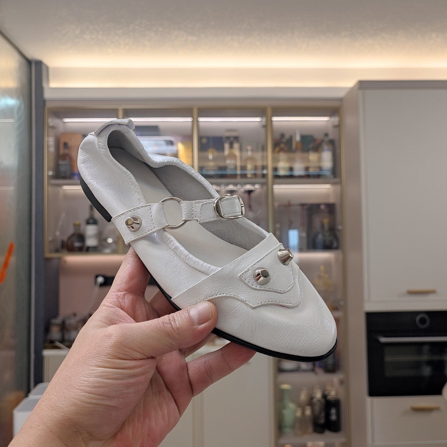 STUDDED MARY JANE FLATS IN WHITE SHINY LAMBSKIN - 34