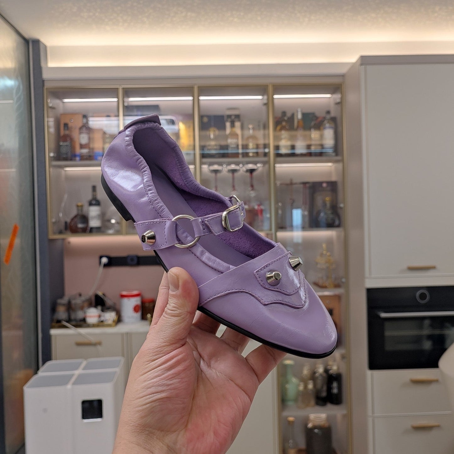 STUDDED MARY JANE FLATS IN LAVENDER SHINY LAMBSKIN - 34
