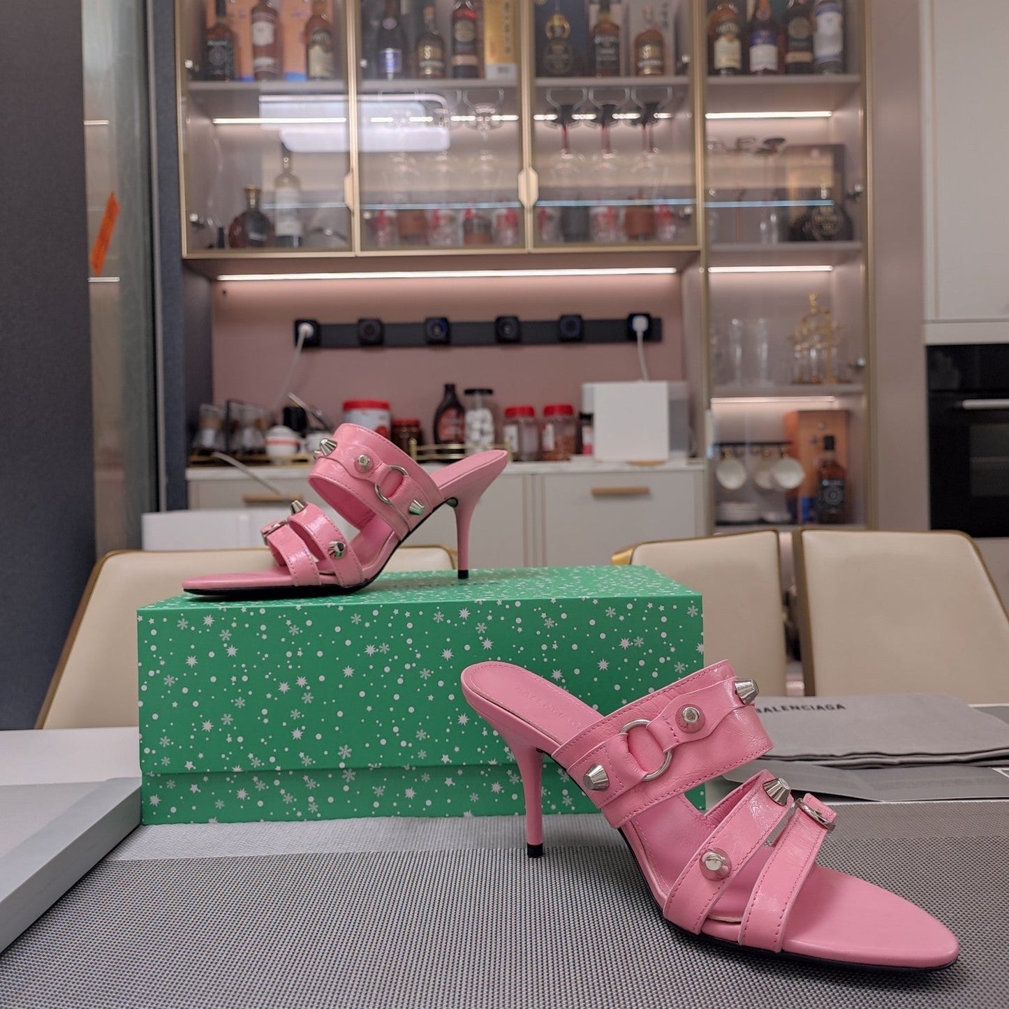 STRAPPY HIGH-HEELED SANDALS IN WEWAK PINK STUDDED WAX-OIL SHEEPSKIN - 34