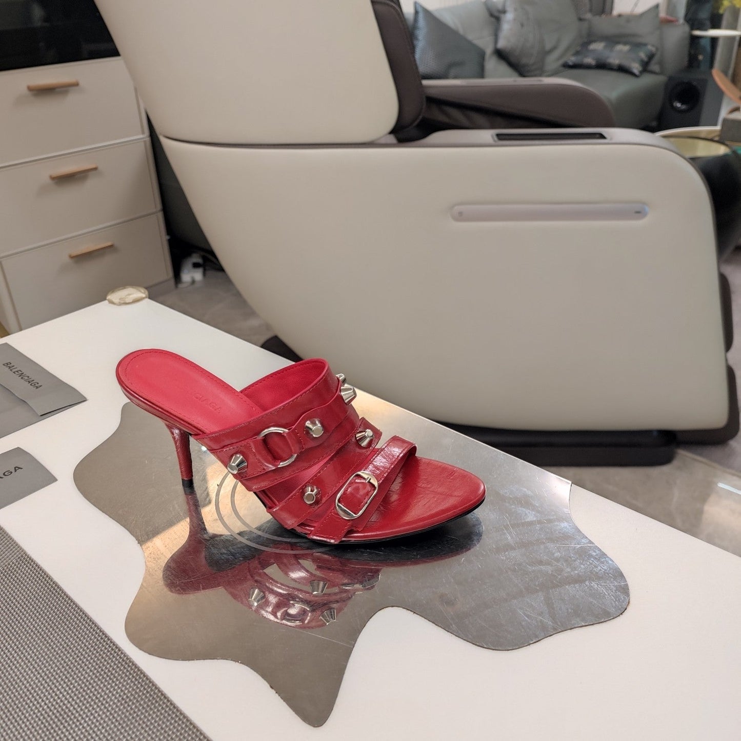 STRAPPY HIGH-HEELED SANDALS IN RED STUDDED WAX-OIL SHEEPSKIN - 34