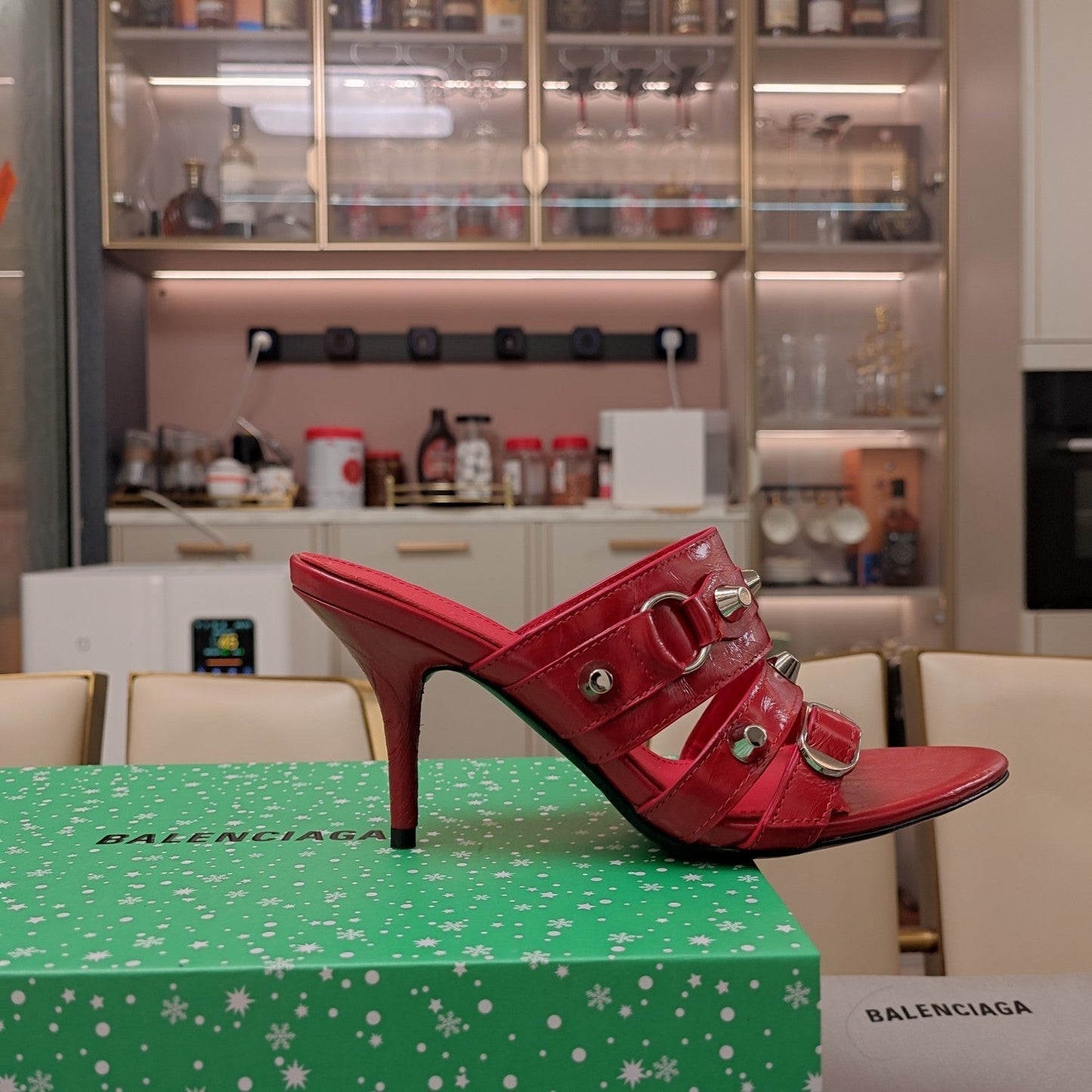 STRAPPY HIGH-HEELED SANDALS IN RED STUDDED WAX-OIL SHEEPSKIN - 34