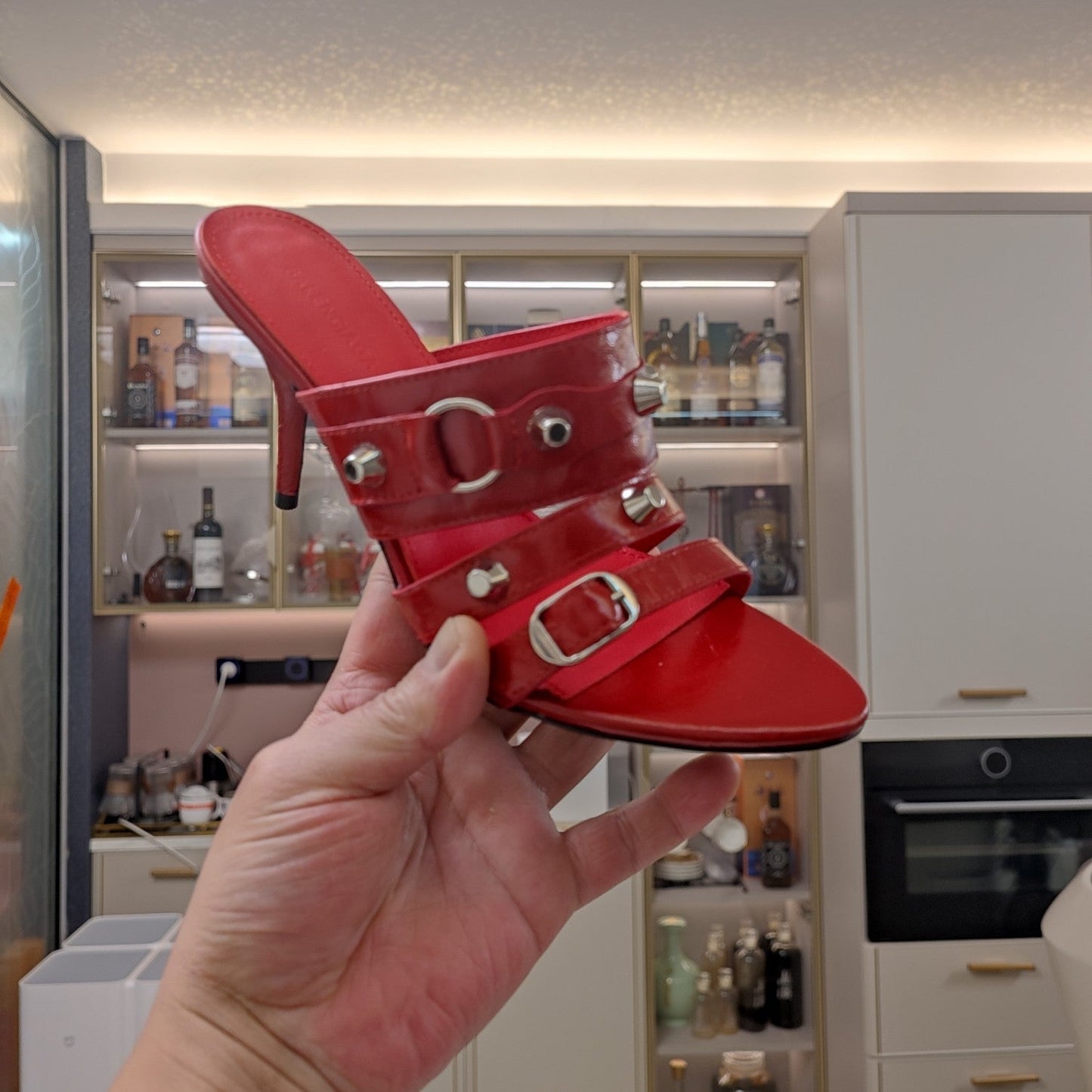 STRAPPY HIGH-HEELED SANDALS IN RED STUDDED WAX-OIL SHEEPSKIN - 34