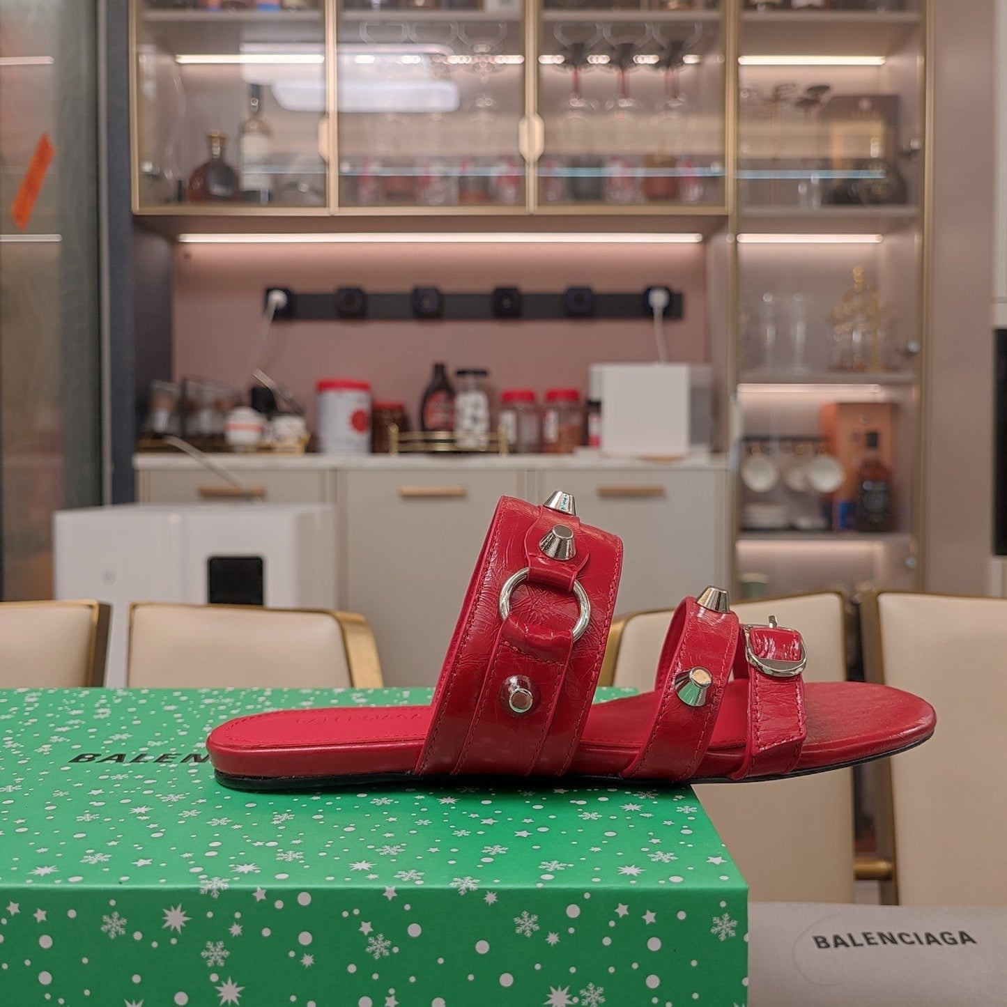 STRAPPY FLAT SANDALS IN RED STUDDED WAX-OIL SHEEPSKIN - 34