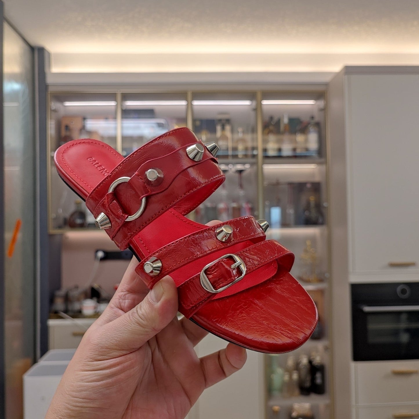 STRAPPY FLAT SANDALS IN RED STUDDED WAX-OIL SHEEPSKIN - 34