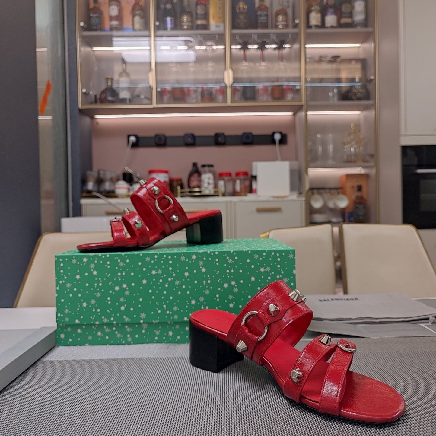 STRAPPY MEDIUM HEELED SANDALS IN RED STUDDED WAX-OIL SHEEPSKIN - 34