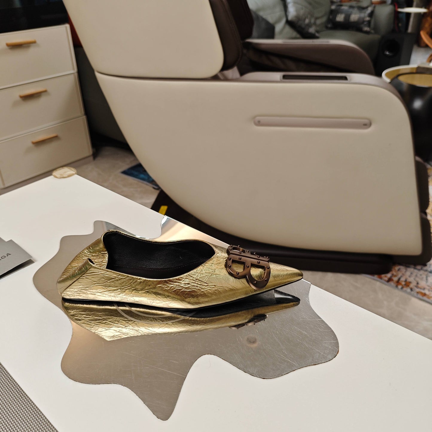 POINTED BALLET FLATS IN GOLD METALLIC SHINY CRACKED SHEEPSKIN - 34