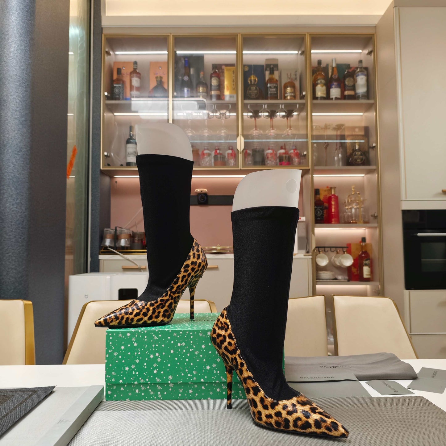 BALENCIAGA 25S POINTED-TOE HIGH HEELS 90 MM IN BLACK FABRIC AND LEOPARD PRINT CALFSKIN STYLE 2 - 35