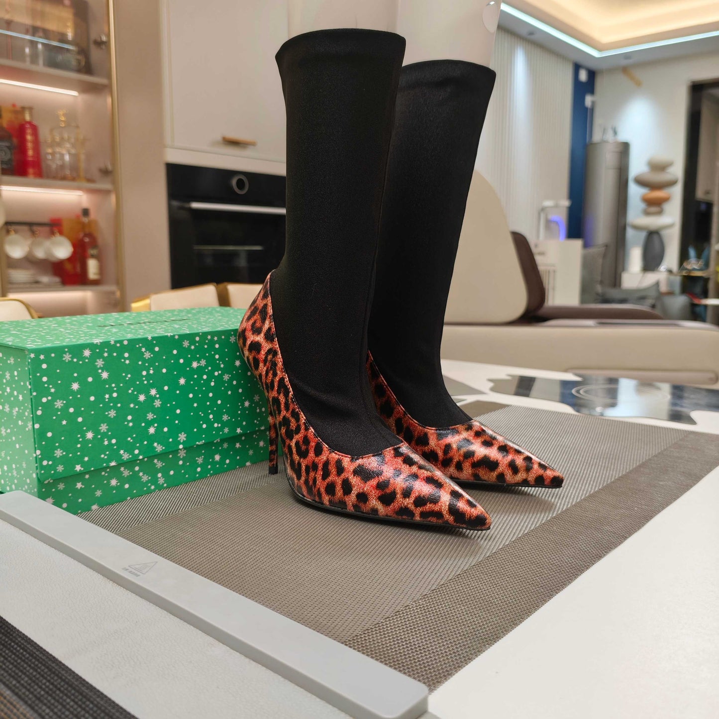 BALENCIAGA 25S POINTED-TOE HIGH HEELS 90 MM IN BLACK FABRIC AND LEOPARD PRINT CALFSKIN STYLE 1 - 35