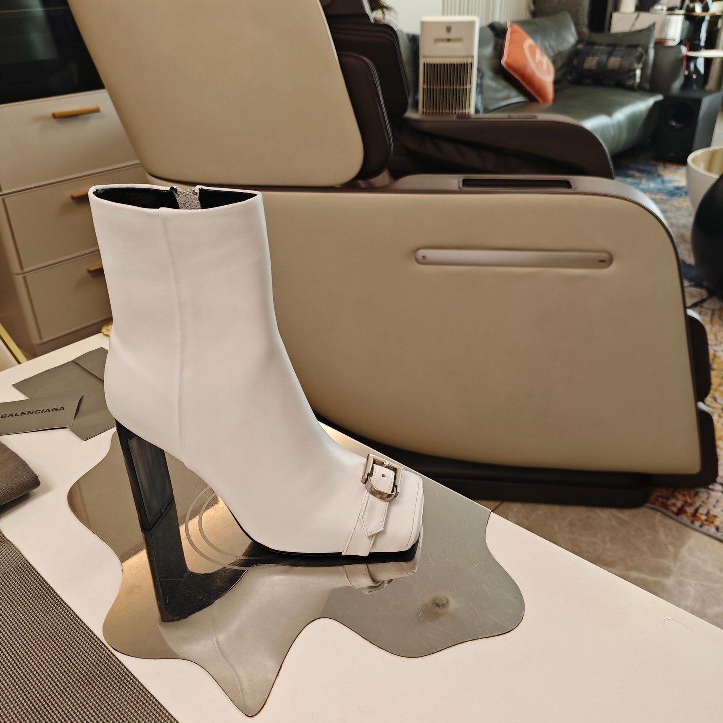BALENCIAGA 25S BEL AIR BOOTS 115 MM IN WHITE CALFSKIN WITH SILVER HARDWARE - 34