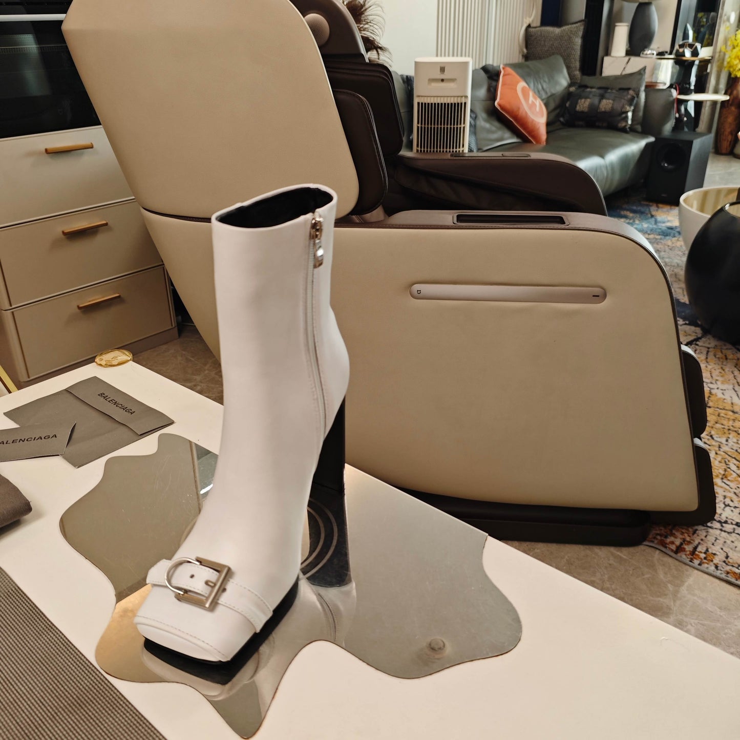 BALENCIAGA 25S BEL AIR BOOTS 115 MM IN WHITE CALFSKIN WITH SILVER HARDWARE - 34