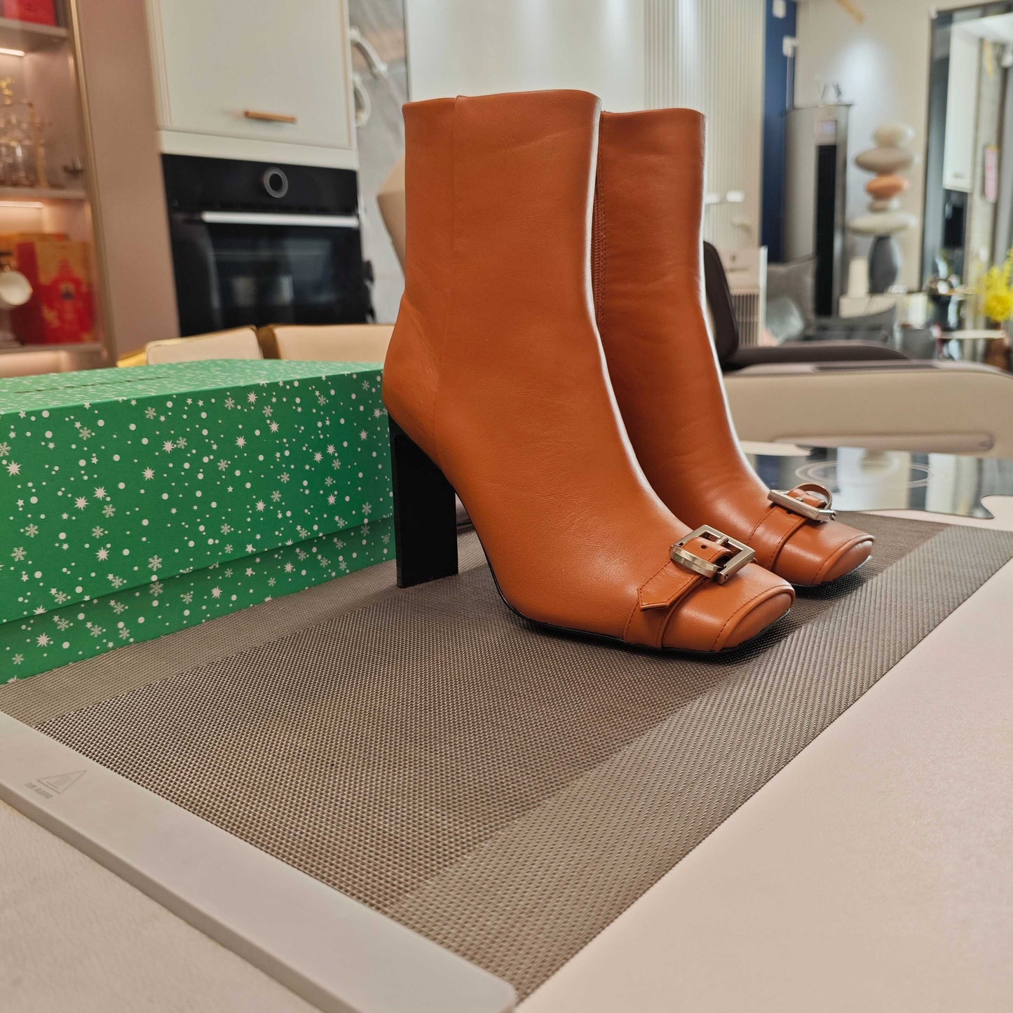 BALENCIAGA 25S BEL AIR BOOTS 115 MM IN DARK ORANGE CALFSKIN WITH SILVER HARDWARE - 34