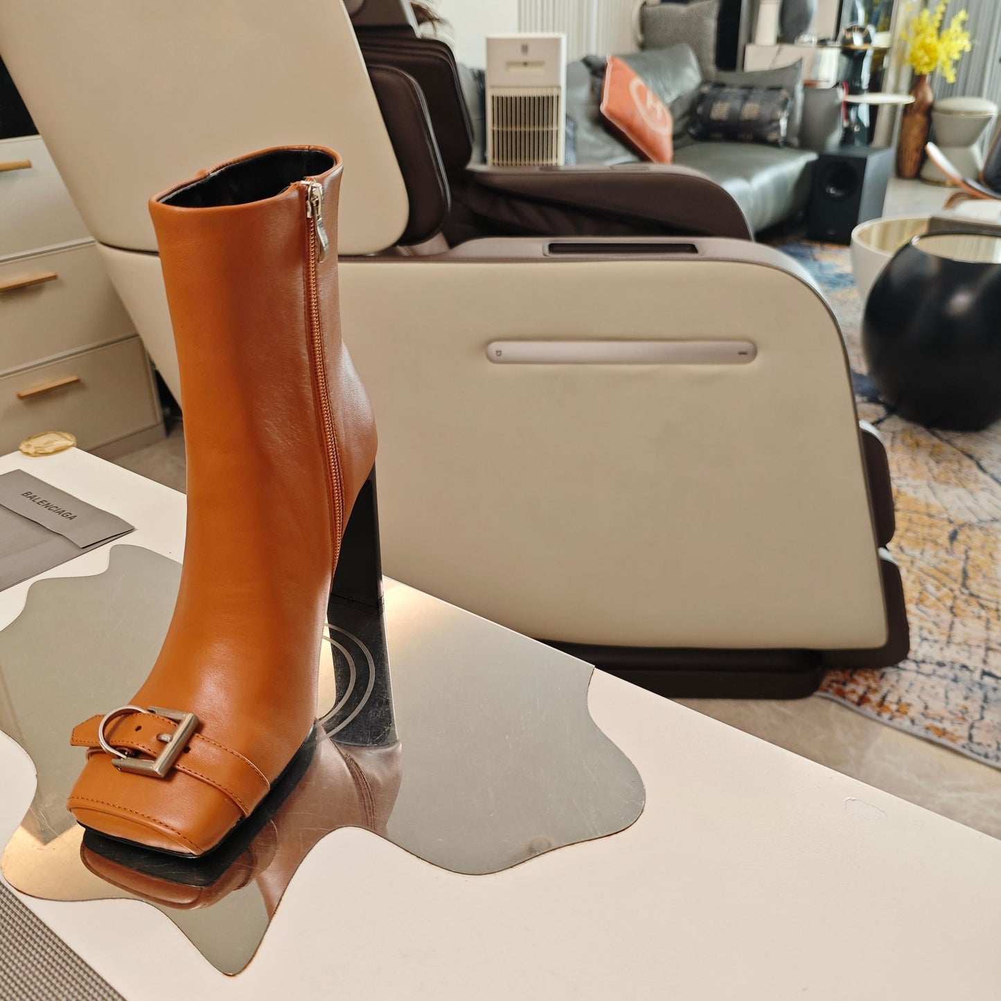 BALENCIAGA 25S BEL AIR BOOTS 115 MM IN DARK ORANGE CALFSKIN WITH SILVER HARDWARE - 34