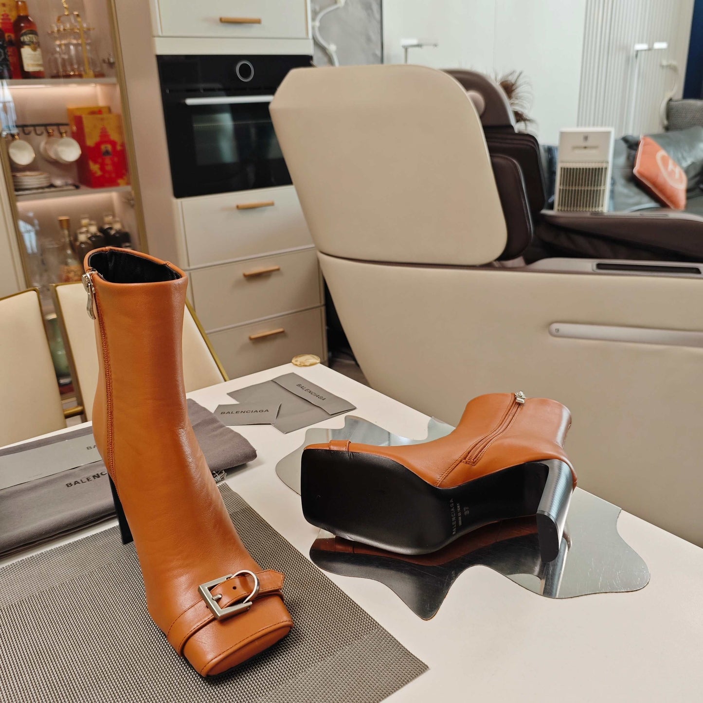 BALENCIAGA 25S BEL AIR BOOTS 115 MM IN DARK ORANGE CALFSKIN WITH SILVER HARDWARE - 34