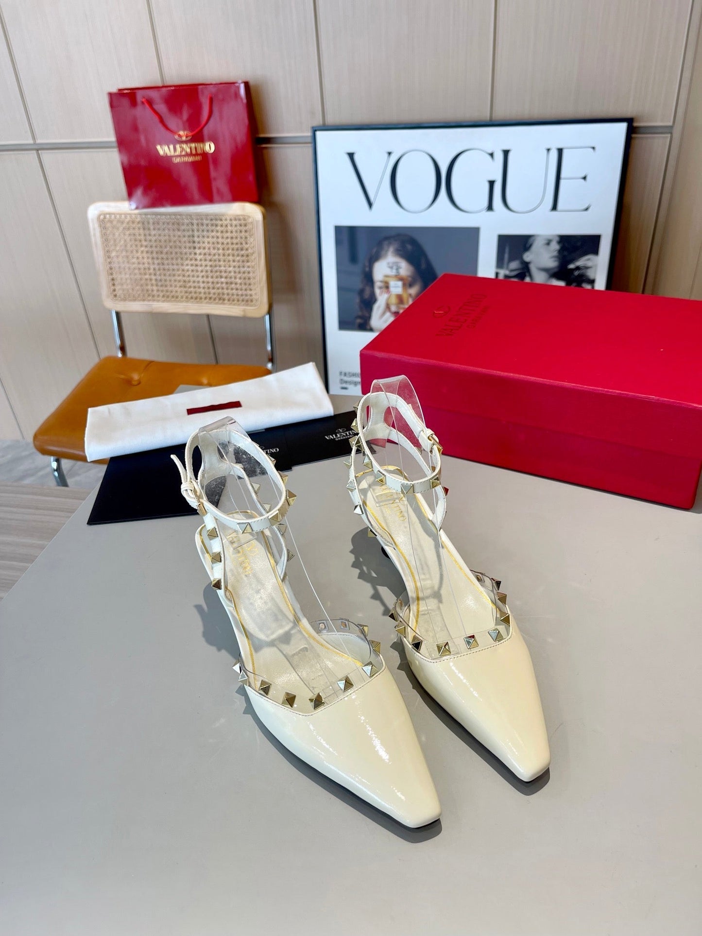 ROCKSTUD CAGED SLINGBACKS 5 CM IN WHITE CALFSKIN - 34