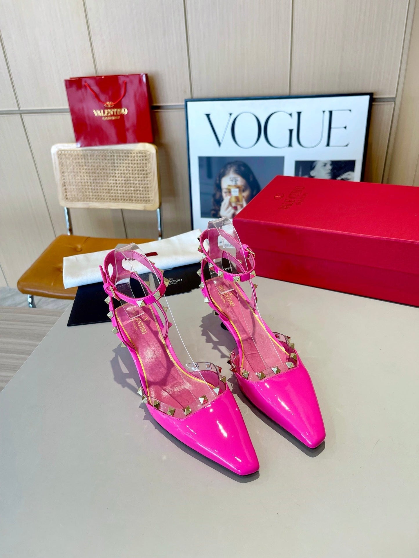 ROCKSTUD CAGED SLINGBACKS 5 CM IN DEEP PINK CALFSKIN - 34