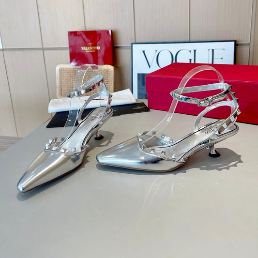 ROCKSTUD CAGED SLINGBACKS 5 CM IN SILVER CALFSKIN - 34