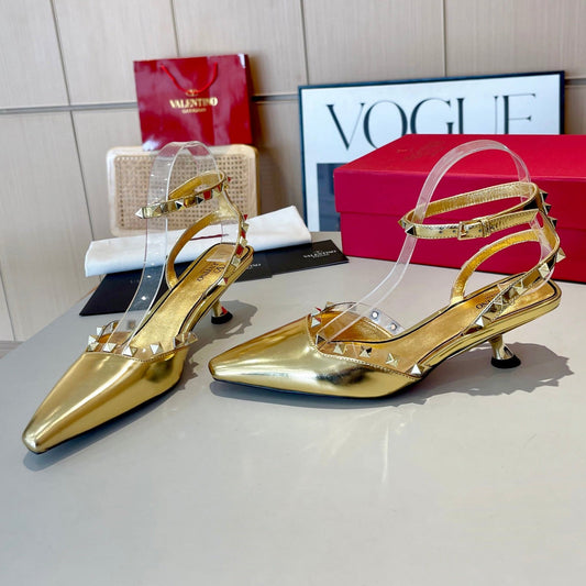 ROCKSTUD CAGED SLINGBACKS 5 CM IN GOLD CALFSKIN - 34