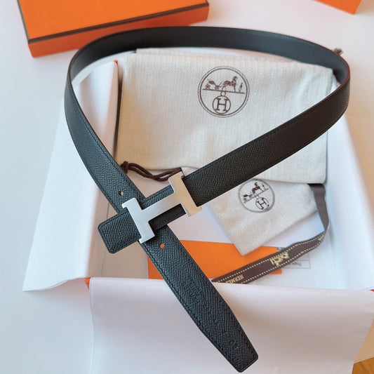 MINI H BELT BUCKLE & REVERSIBLE BLACK LEATHER STRAP 24 MM SILVER HARDWARE - 30
