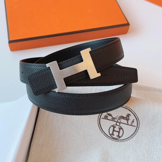 MINI H BELT BUCKLE & REVERSIBLE BLACK LEATHER STRAP 24 MM SILVER HARDWARE - 30