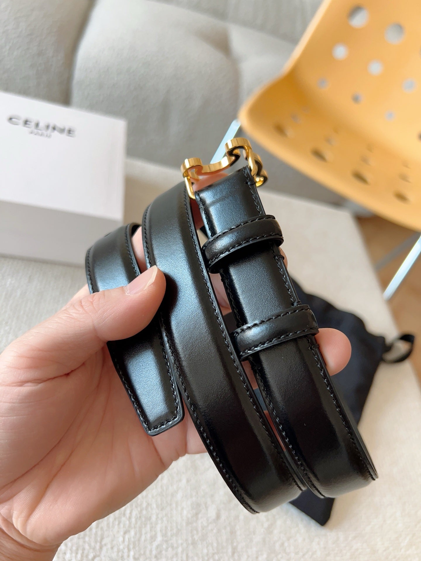 CELINE 25S TRIOMPHE BELT 25MM IN BLACK CALFSKIN GOLD HARDWARE 585790 - 26 - 28