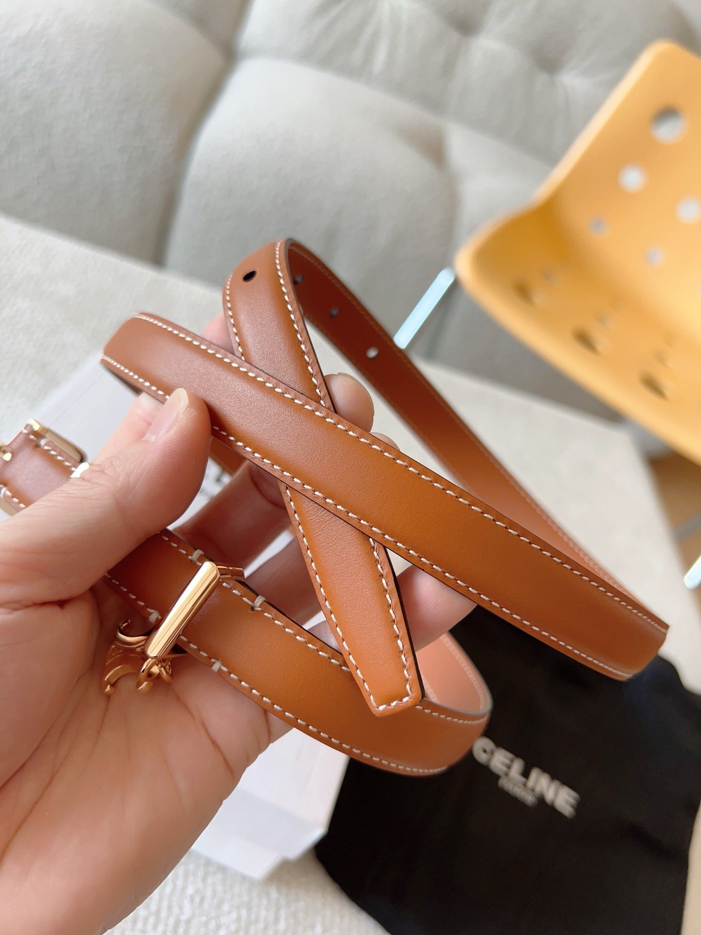 CELINE 25S BELT 18MM IN CARAMEL ELEGANT CHARM TAURILLON GOLD HARDWARE 585791 - 26 - 28