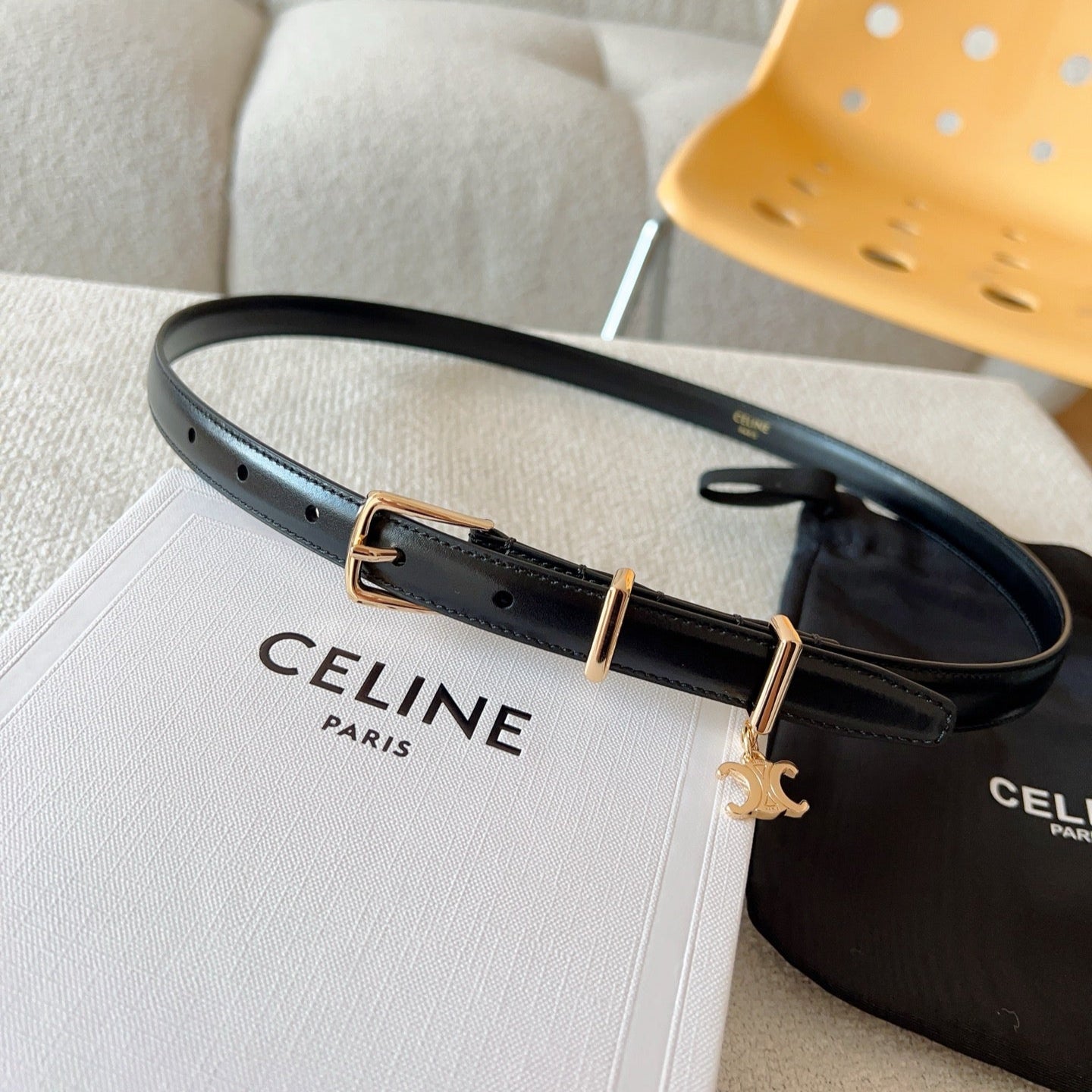 CELINE 25S BELT 18MM IN BLACK ELEGANT CHARM TAURILLON GOLD HARDWARE 585792 - 26 - 28