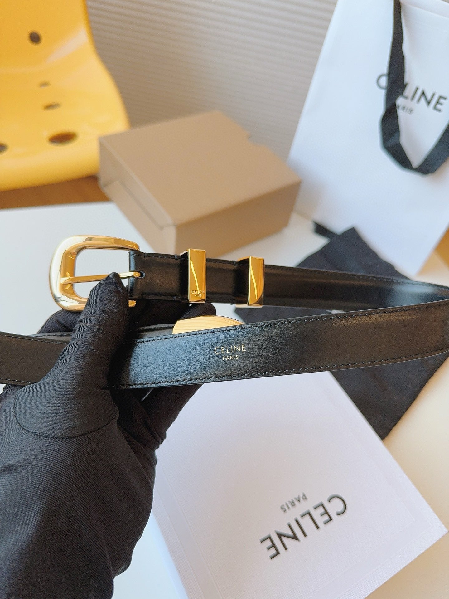 CELINE 25S SMALL 25MM WESTERN BELT IN BLACK CALFSKIN 566638 - 26 - 28