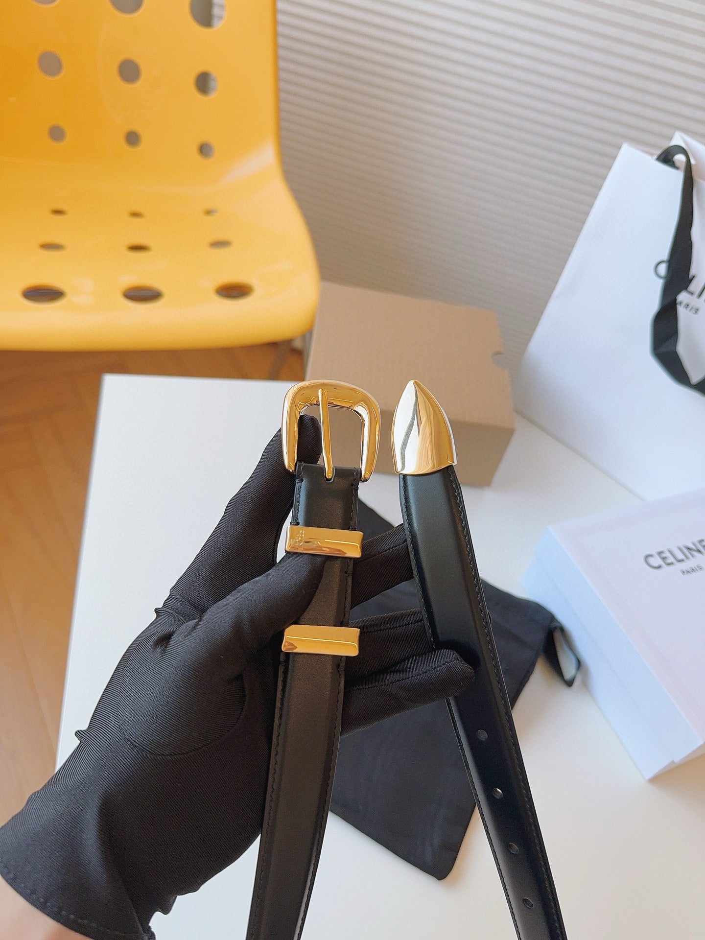 CELINE 25S SMALL 25MM WESTERN BELT IN BLACK CALFSKIN 566638 - 26 - 28