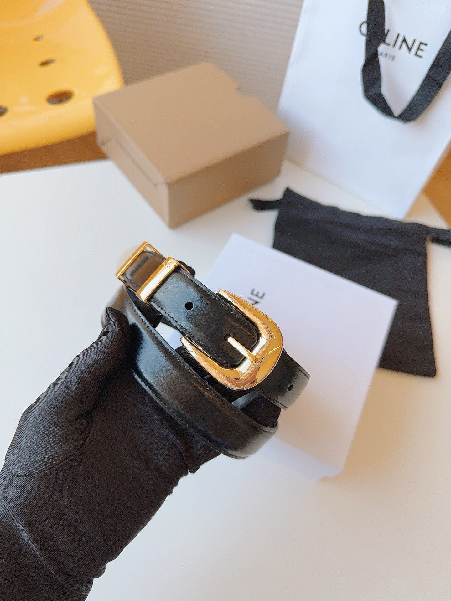 CELINE 25S SMALL 25MM WESTERN BELT IN BLACK CALFSKIN 566638 - 26 - 28