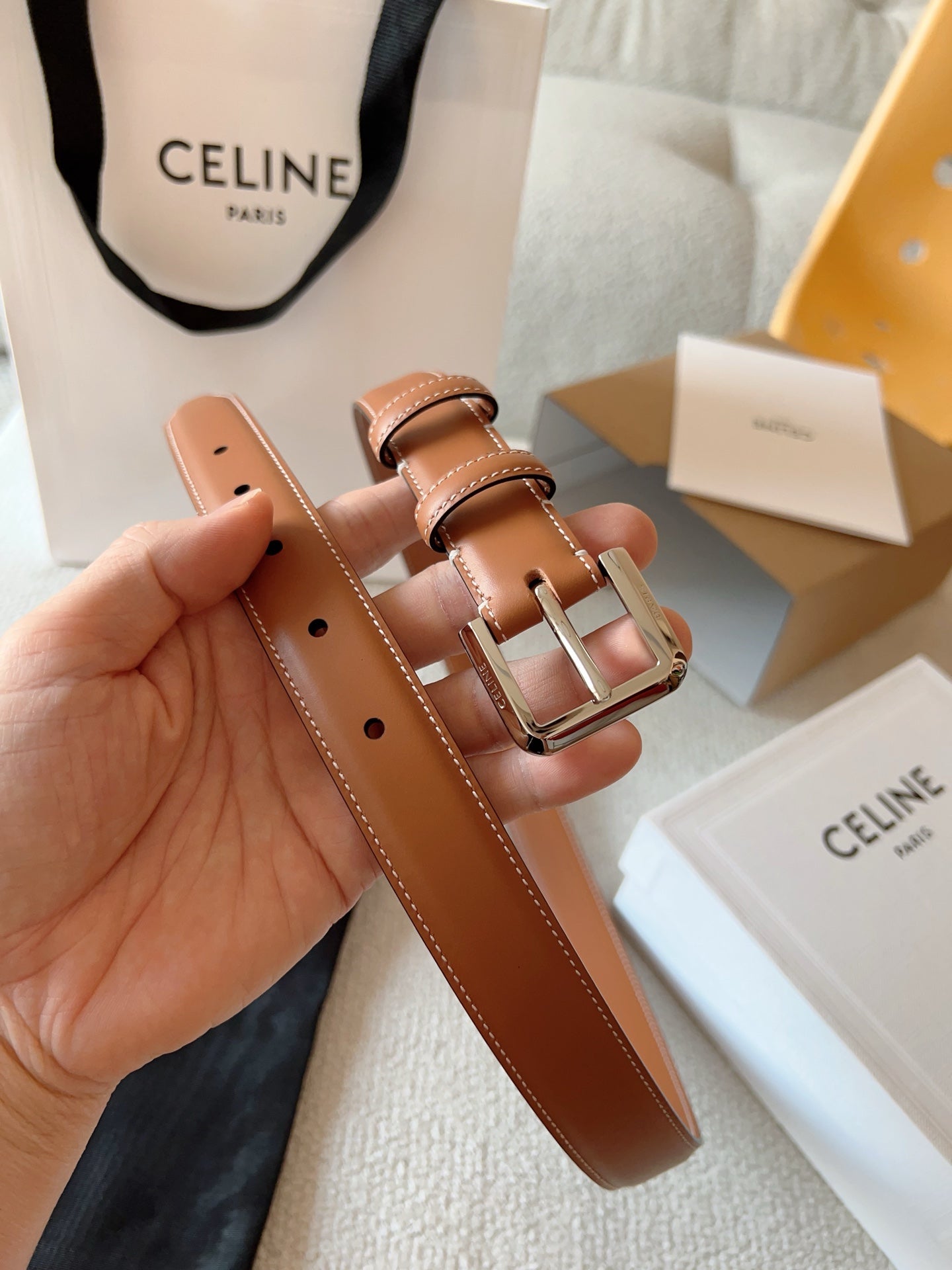 CELINE 25S BELT 25MM IN BROWN CALFSKIN SILVER HARDWARE 561793 - 26 - 28