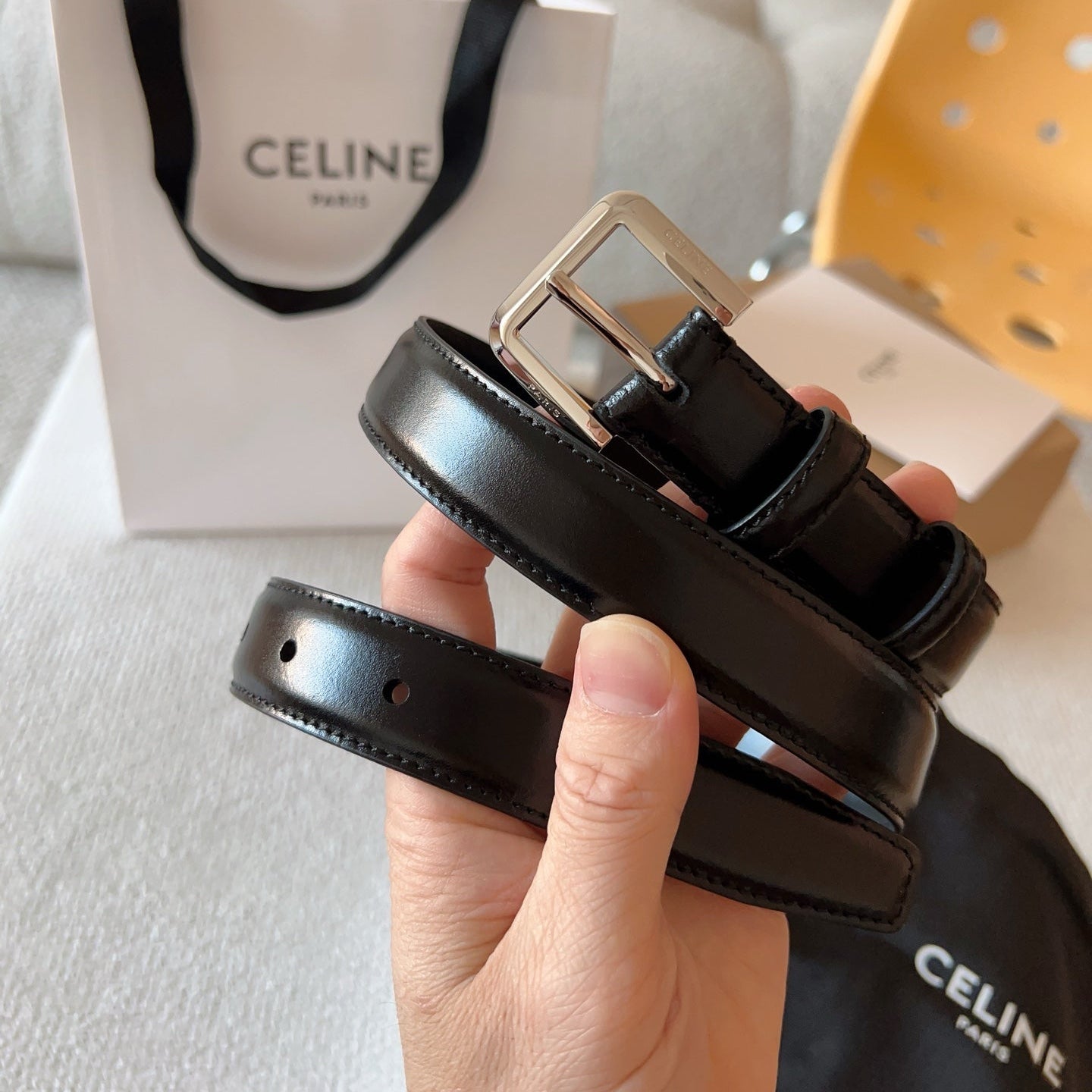 CELINE 25S BELT 25MM IN BLACK CALFSKIN SILVER HARDWARE 561795 - 26 - 28