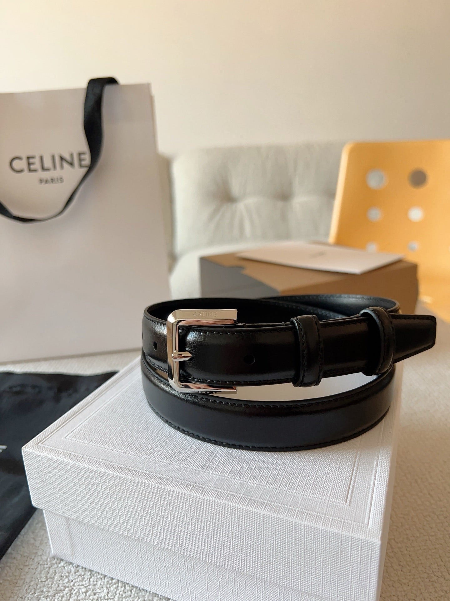 CELINE 25S BELT 25MM IN BLACK CALFSKIN SILVER HARDWARE 561795 - 26 - 28