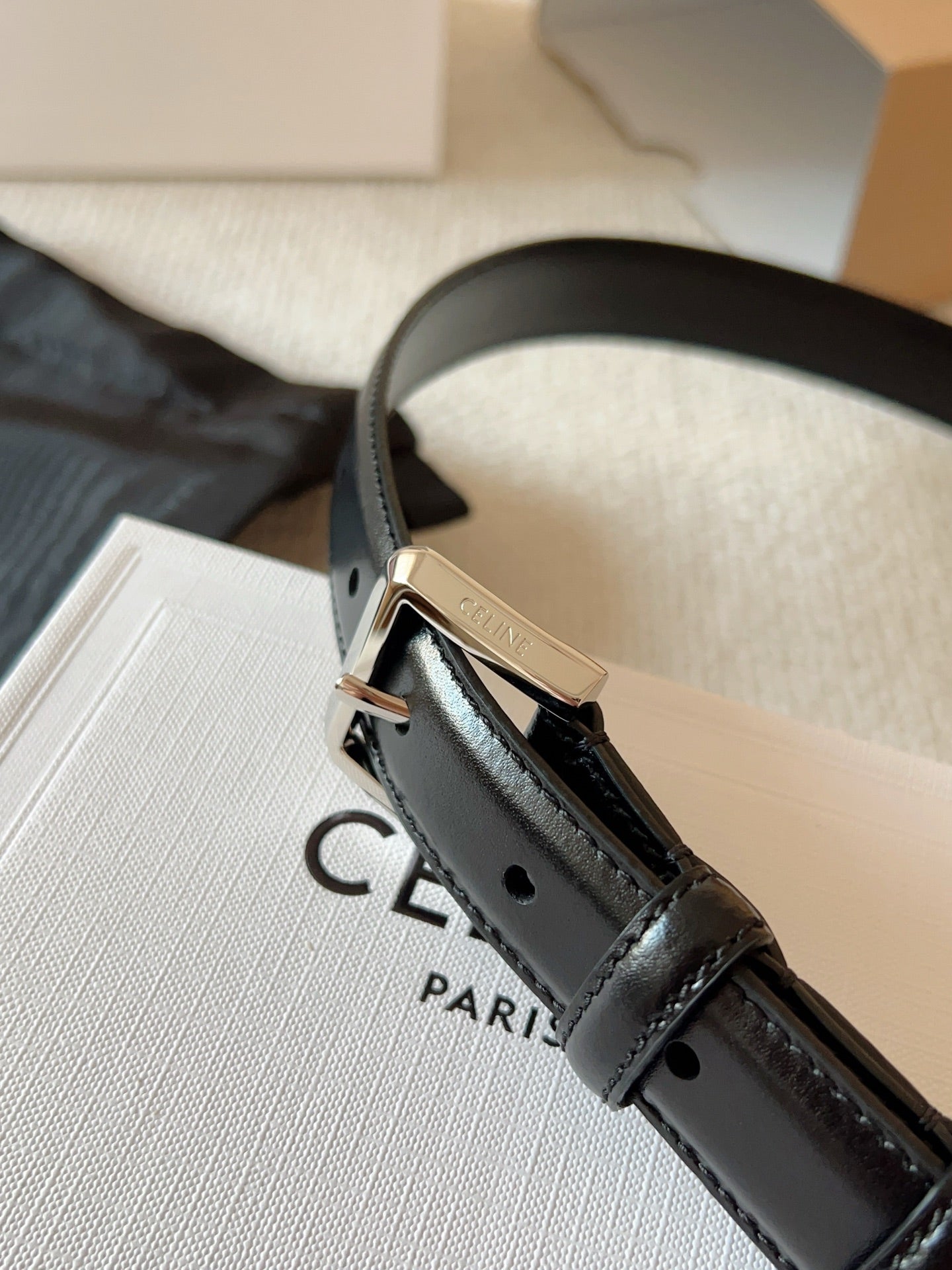 CELINE 25S BELT 25MM IN BLACK CALFSKIN SILVER HARDWARE 561795 - 26 - 28