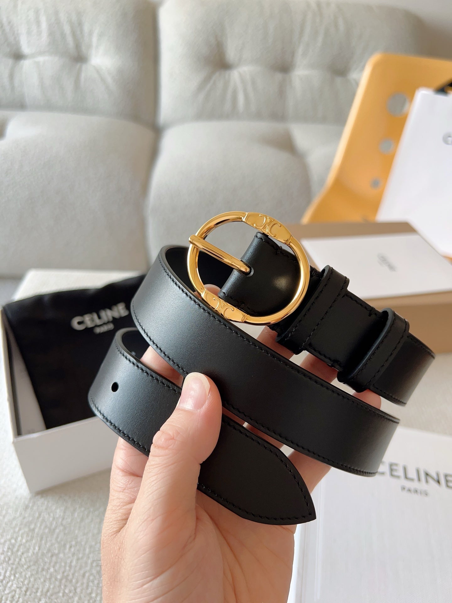 CELINE 25S SMALL 30MM WESTERN BELT IN BLACK CALFSKIN 566636 - 26 - 28