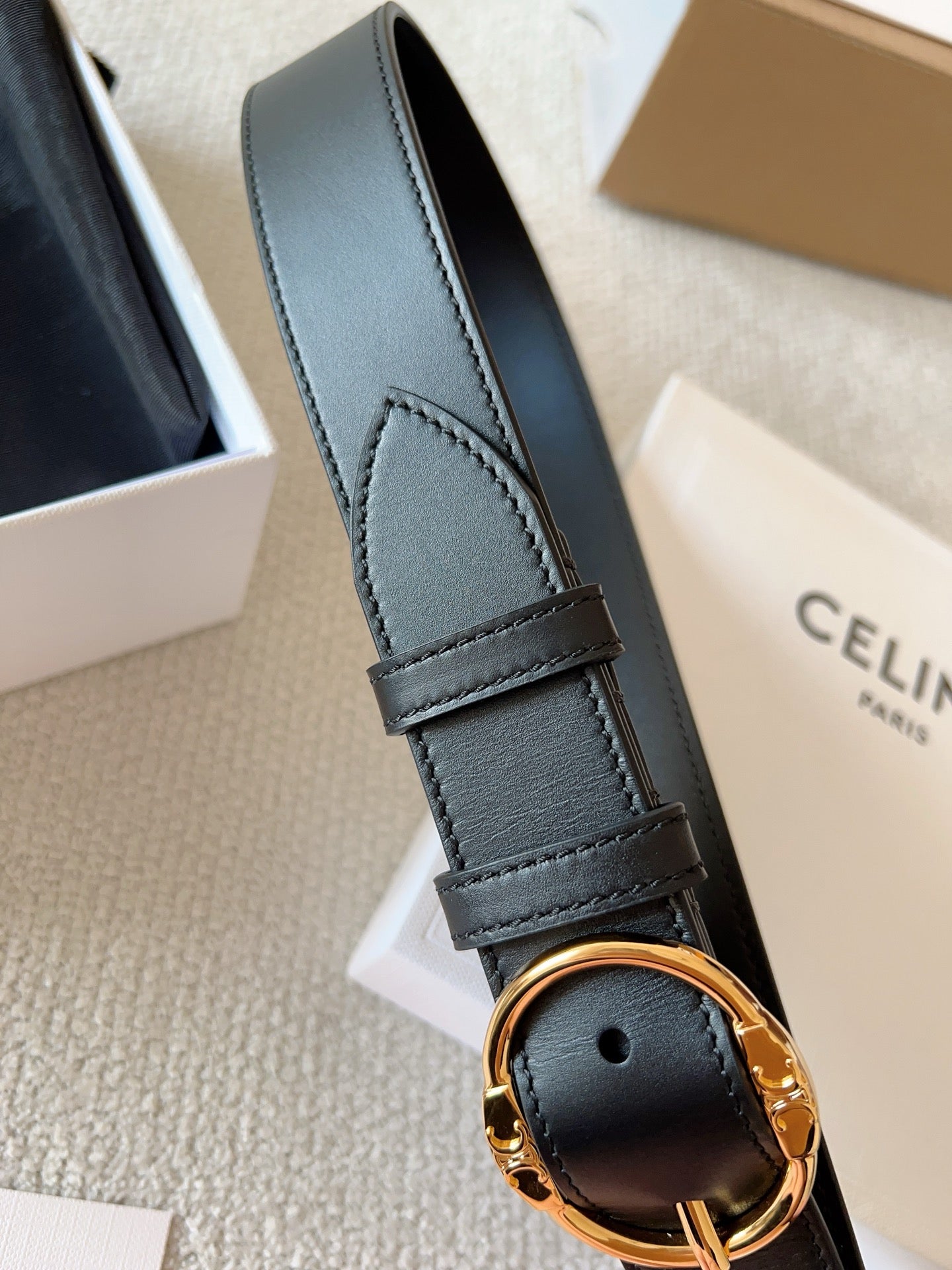 CELINE 25S SMALL 30MM WESTERN BELT IN BLACK CALFSKIN 566636 - 26 - 28