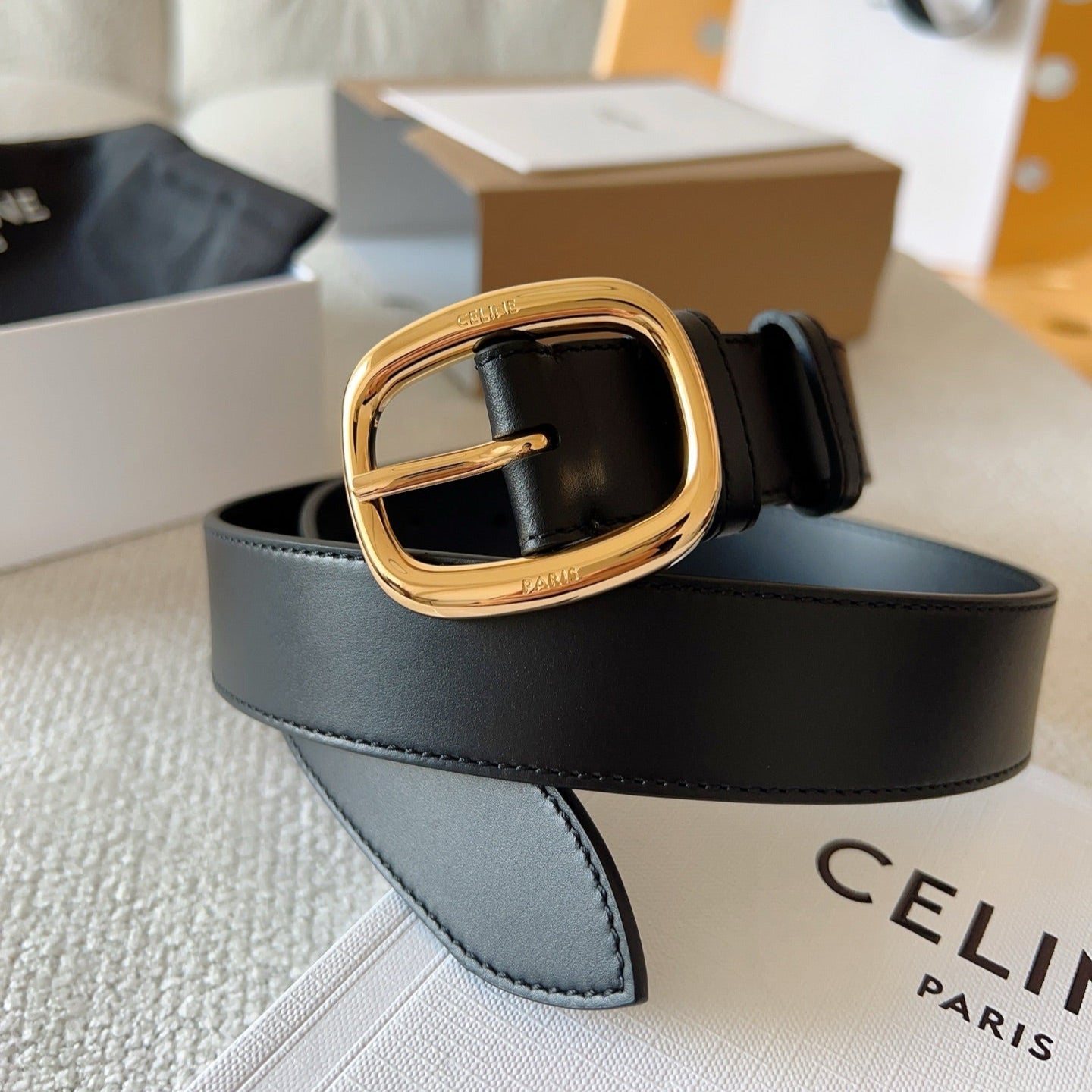 CELINE 25S SMALL 30MM WESTERN BELT IN BLACK CALFSKIN 566637 - 26 - 28