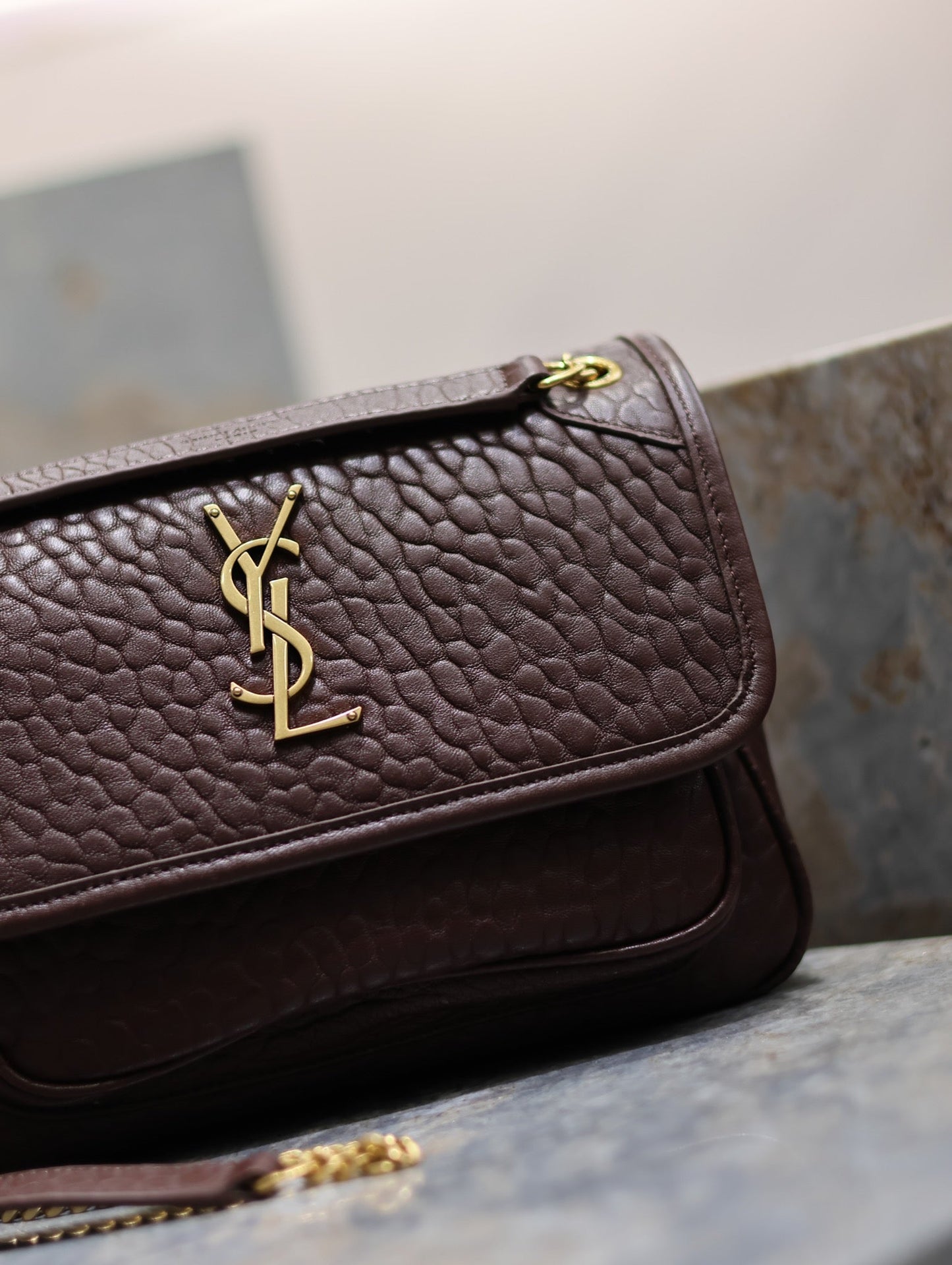 Niki mini crinkled shoulder 22 in Chestnut Brown Lamskin Gold Hardware