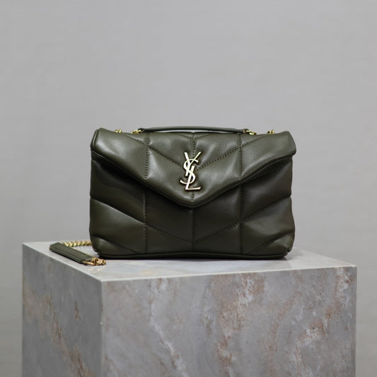 YSL 25S LOULOU PUFFER MINI 23 IN DARK OLIVE CALFSKIN GOLD HARDWARE