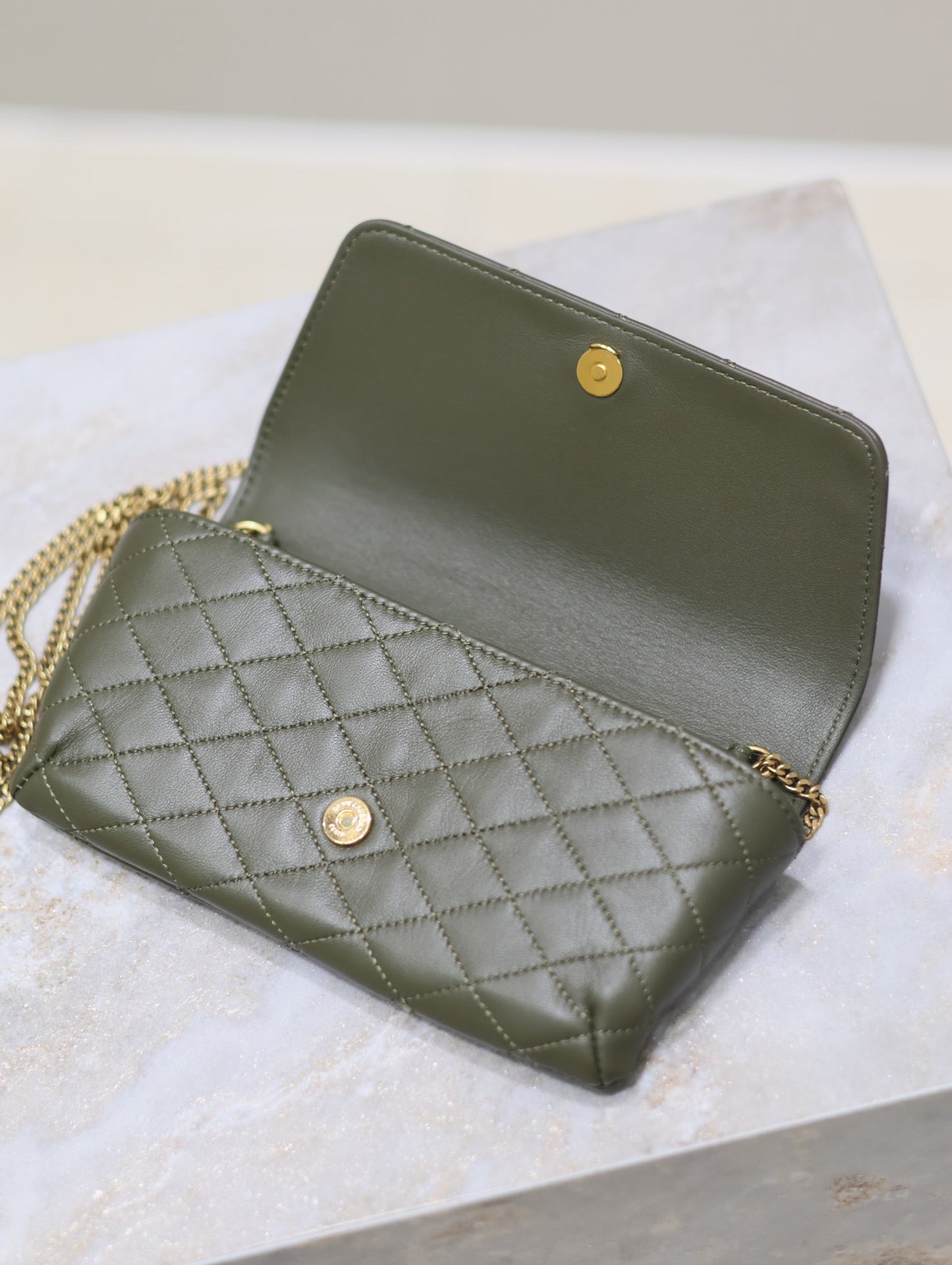 YSL 25S SAINT LAURENT GABY 19 IN DARK OLIVE QUILTED CALFSKIN GOLD HARDWARE